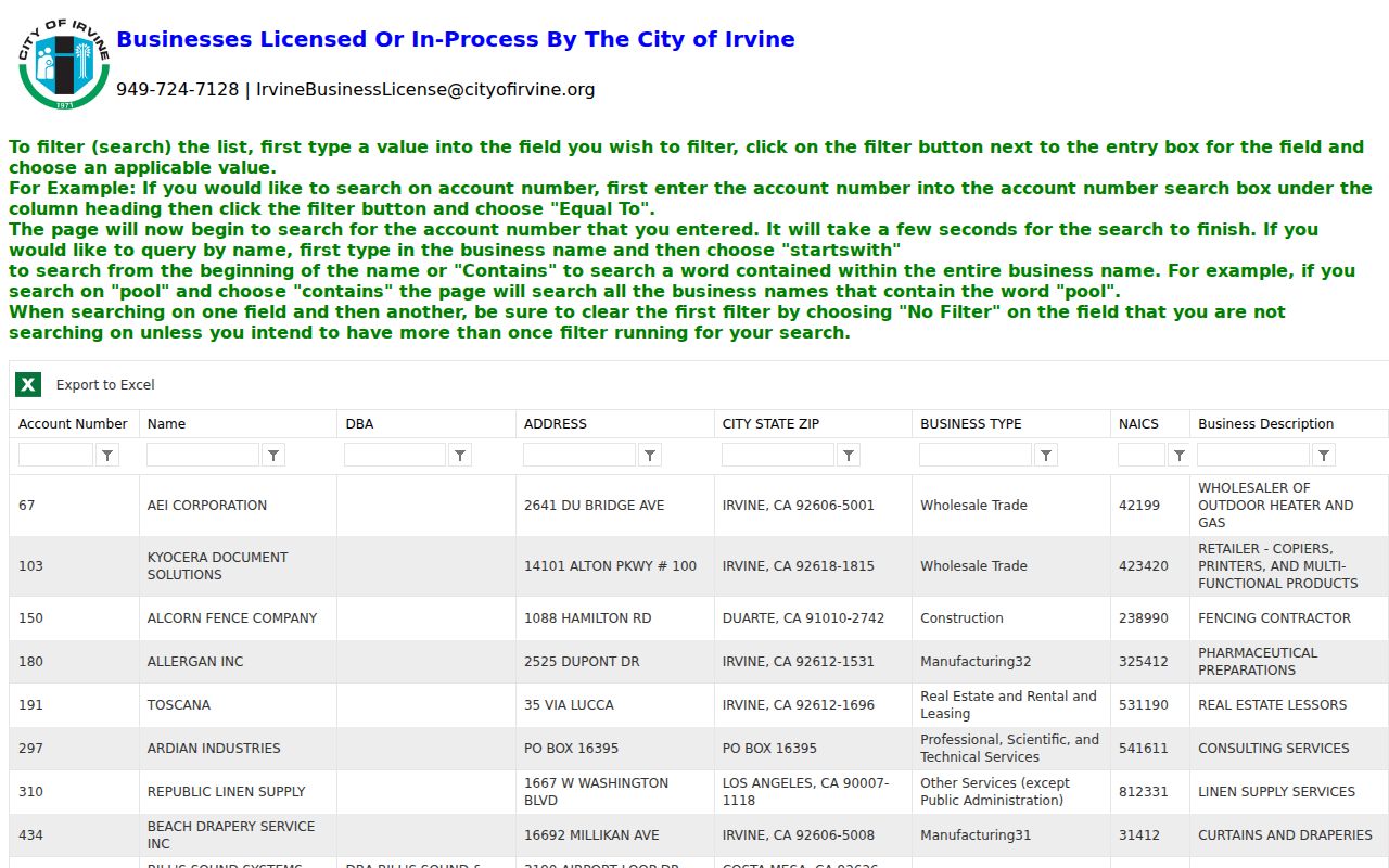 Irvine people search through the city business license directory