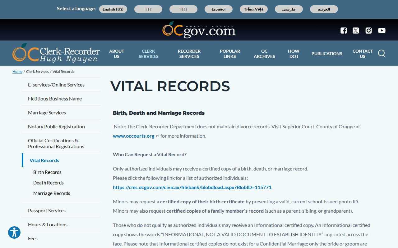Irvine public records Orange County vital certificate service