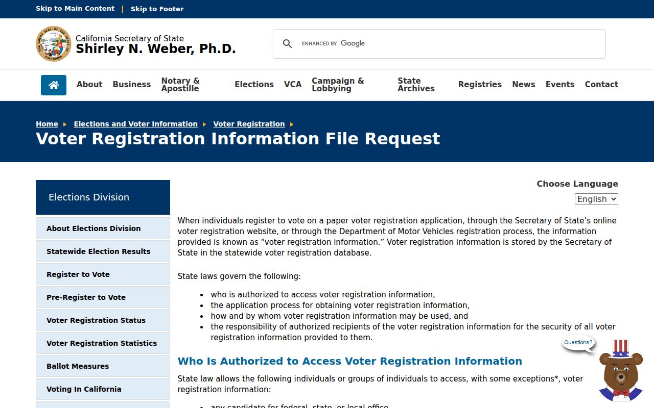 Irvine voter records file request page